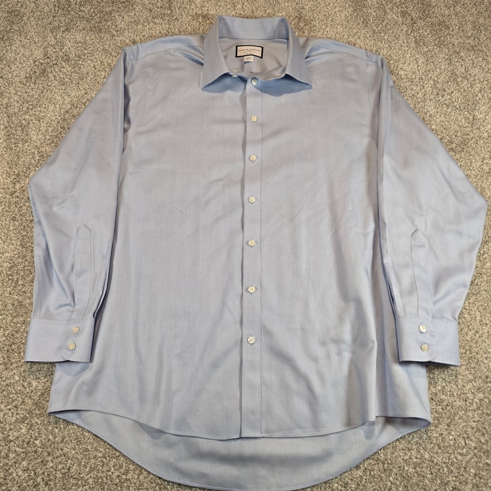 Charles Tyrwhitt Dress Shirt Mens 17.5 35 Blue Herringbone Non-Iron Classic Fit